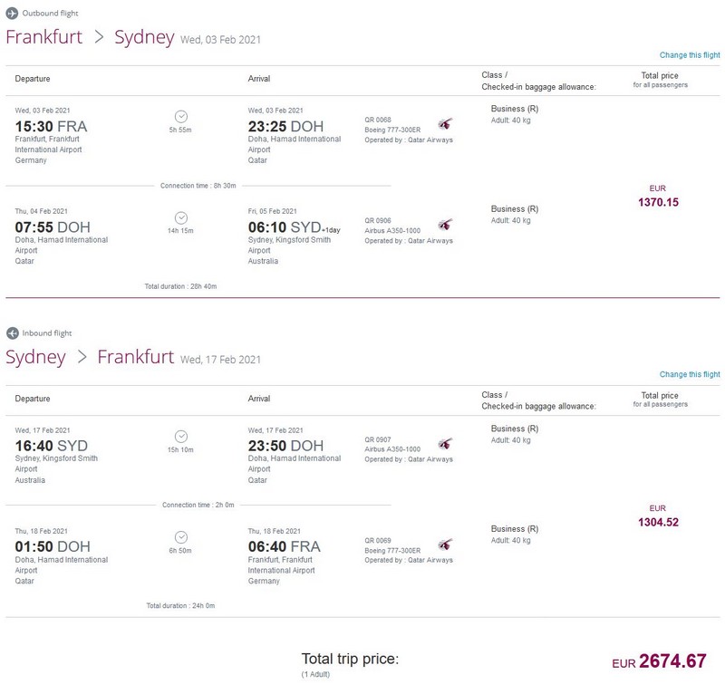 Preisbeispiel von Frankfurt nach Sydney in der Qatar Airways Business-Class