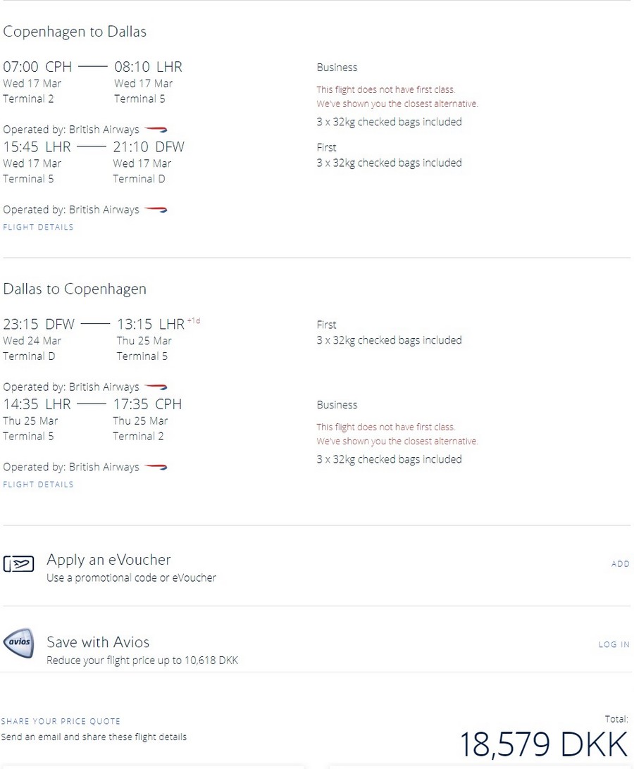 Preisbeispiel von Kopenhagen nach Dallas / Fort Worth in der British Airways Airlines First-Class