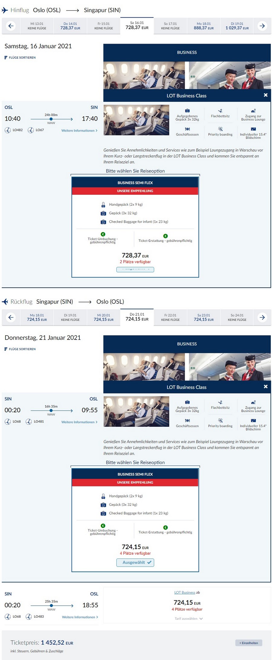 Preisbeispiel von Oslo nach Singapore in der LOT Business-Class