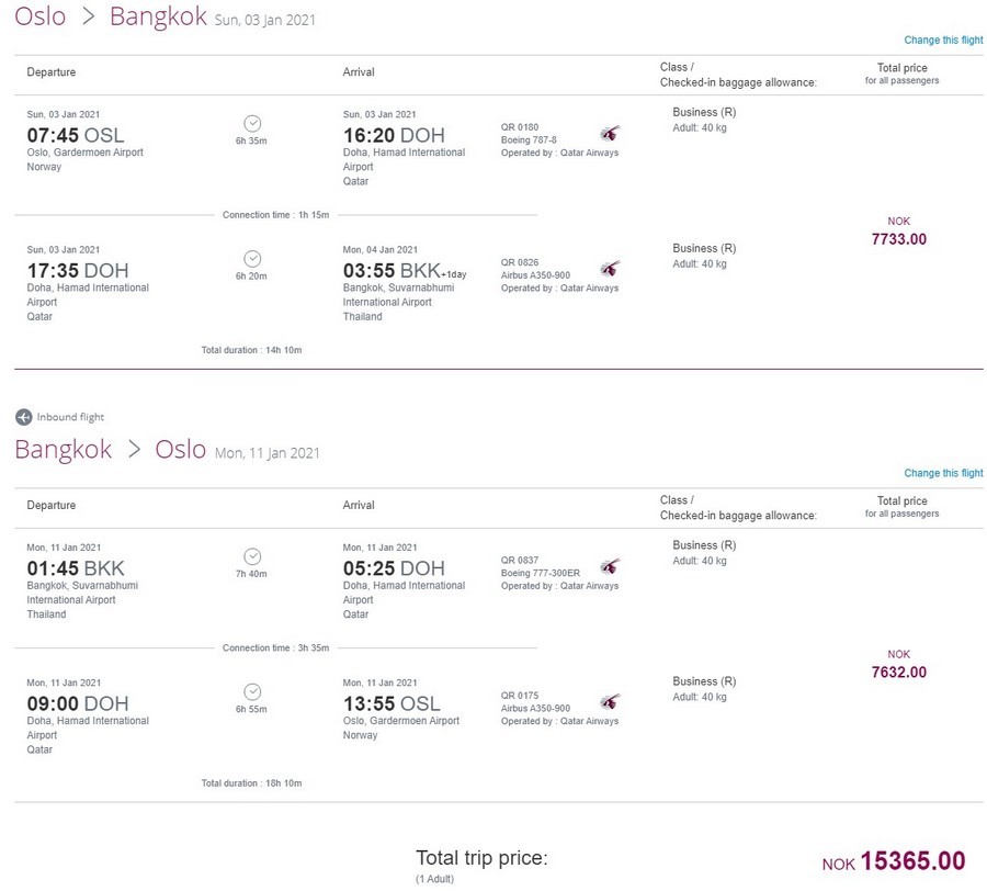 Preisbeispiel von Oslo nach Bangkok in der Qatar Airways Business-Class