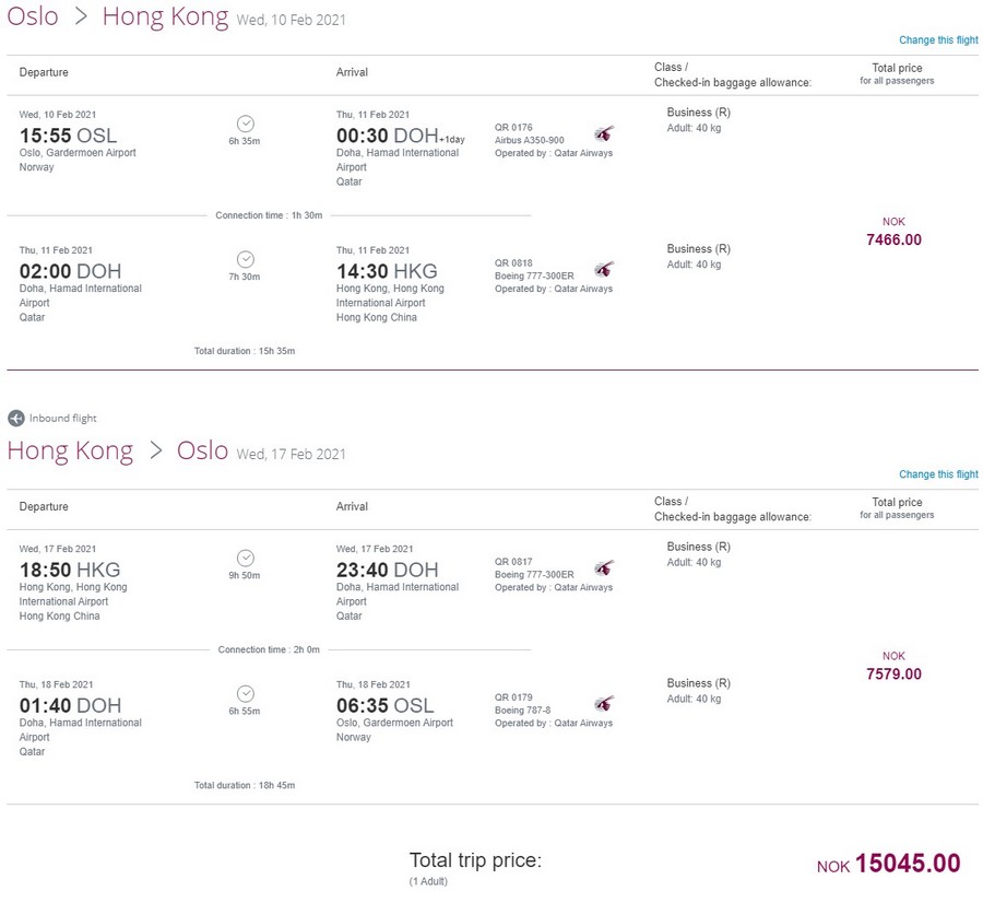 Preisbeispiel von Oslo nach Hong Kong in der Qatar Airways Business-Class