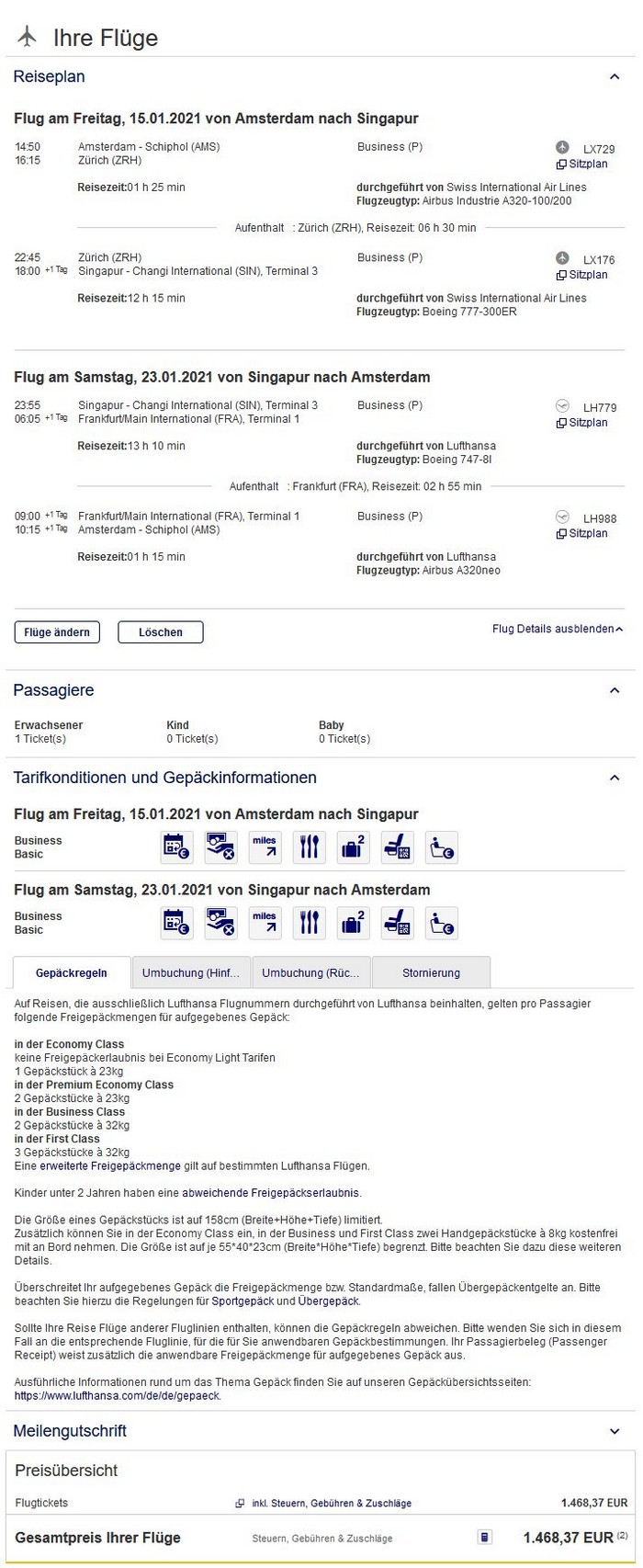Preisbeispiel von Amsterdam nach Singapore in der Swiss und Lufthansa Business-Class