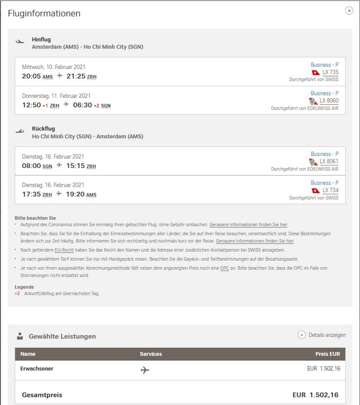 Preisbeispiel von Amsterdam nach Bangkok in der Edelweiss / Swiss Business-Class