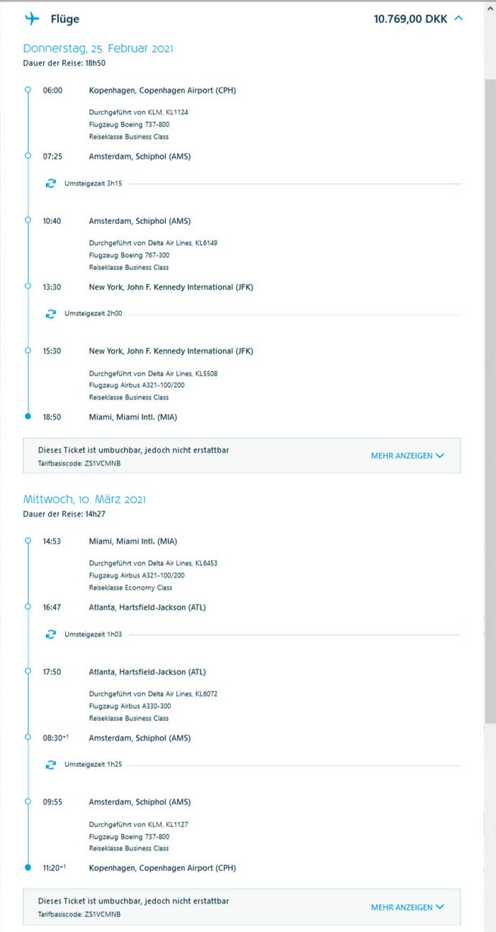 Preisbeispiel von Kopenhagen nach New York in der KLM Business-Class