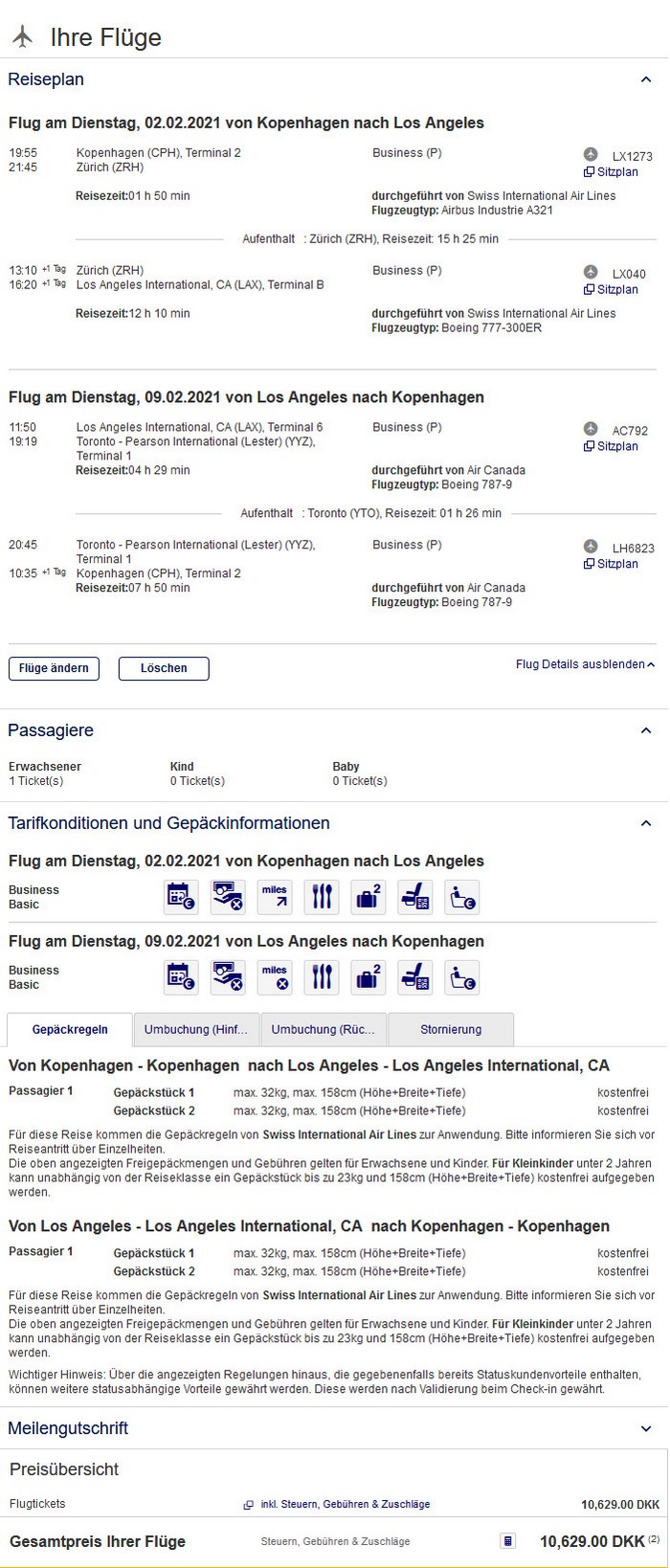 Preisbeispiel von Kopenhagen nach Los Angeles in der Swiss / Air Canada Business-Class