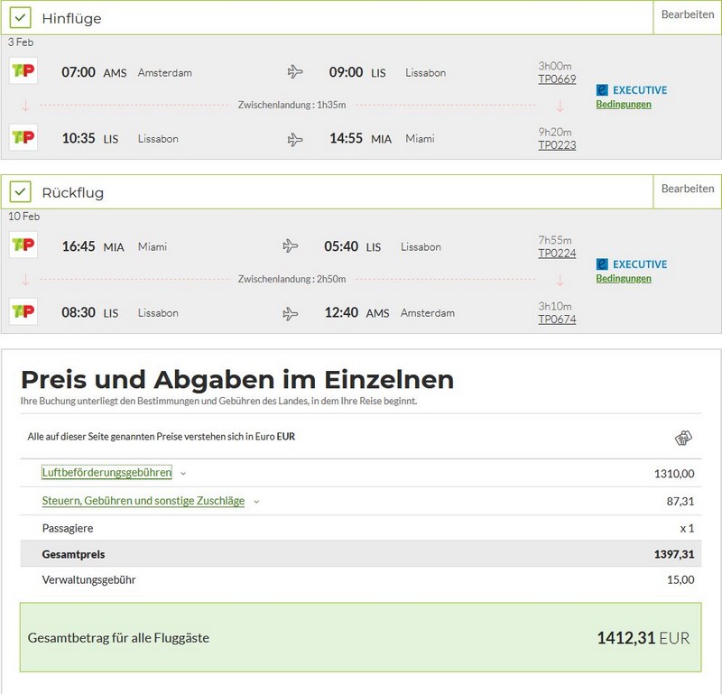 Preisbeispiel von Amsterdam nach Miami in der TAP Air Portugal Business-Class