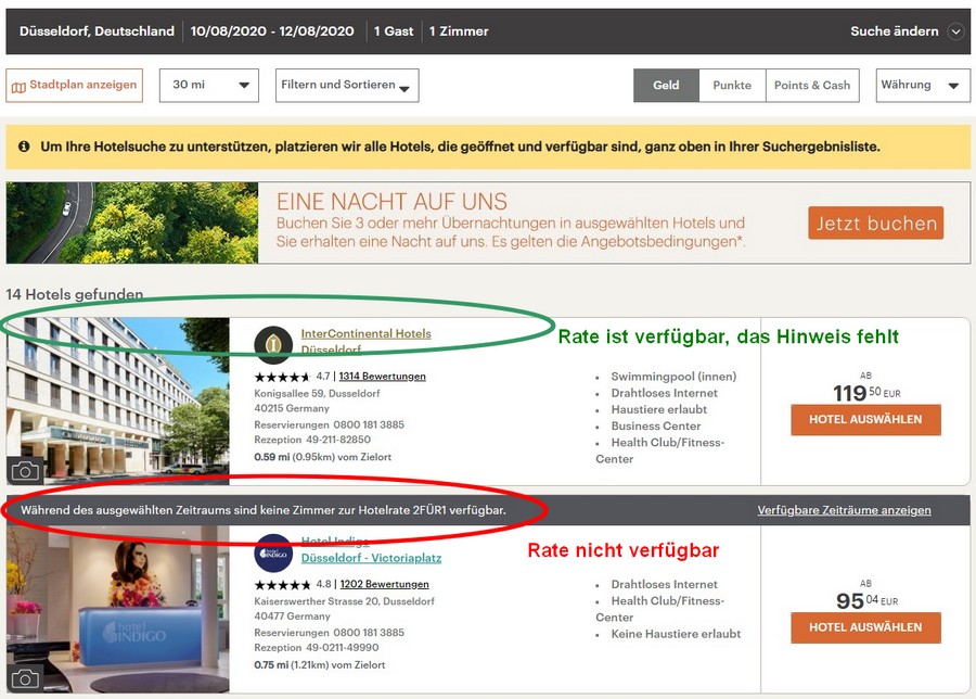 Verfügbarkeit des IHG 2=1 Sale für Buchungen bis 24.08.2020
