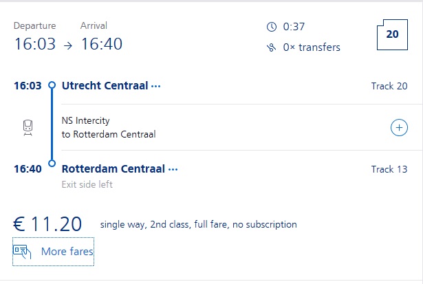 Preise für Bahnfahrt Utrecht - Rotterdam