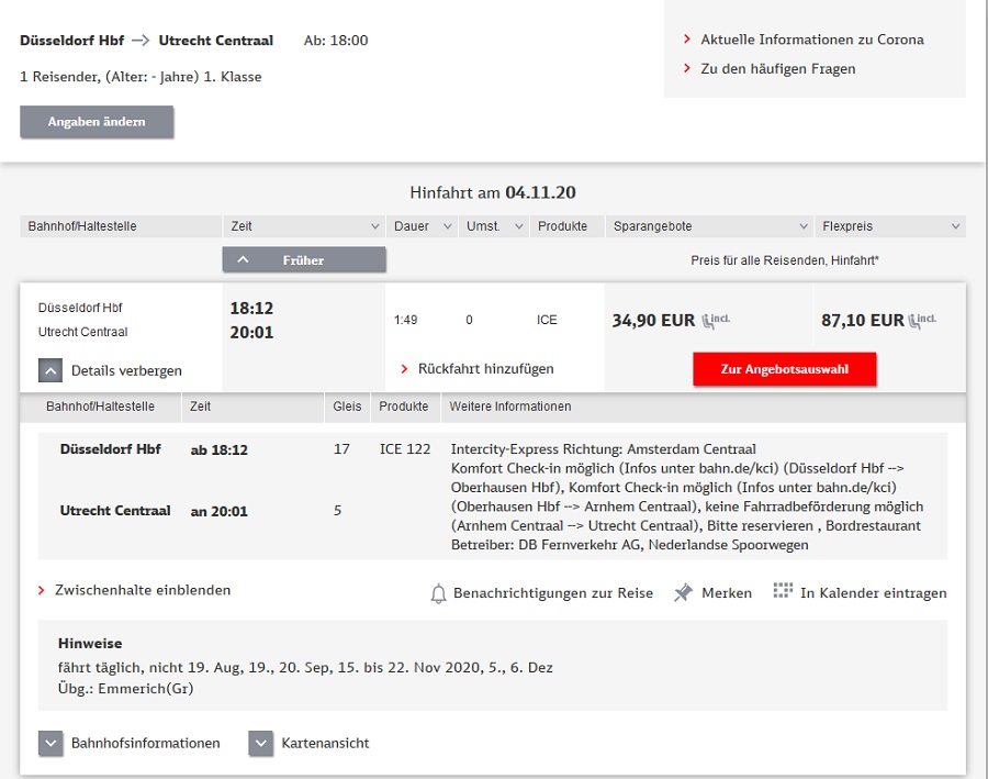 Preise für Bahnfahrt Düsseldorf - Utrecht