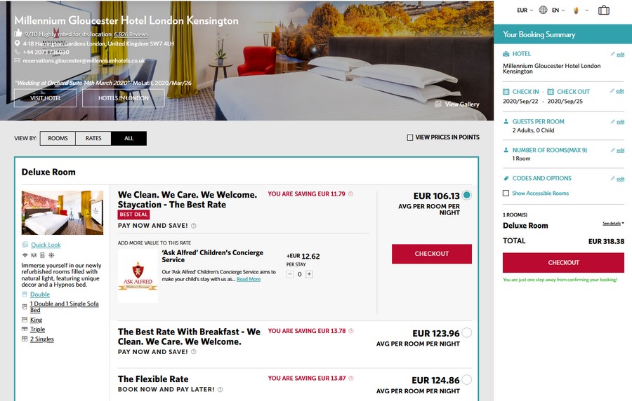 Preise des Millenium Staycation Angebotes für Aufenthalte bis Ende März 2021 im Millenium Gloucester Hotel London Kensignton