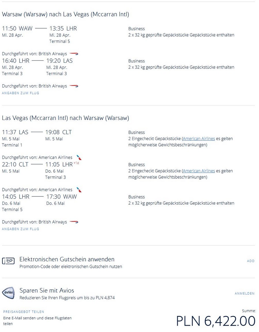 Preisbeispiel von Warschau nach Las Vegas in der British Airways Business-Class