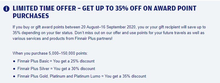 25% Ermäßigung beim Kauf von Finnair Punkten bis 16.09.2020