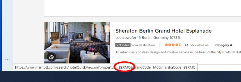 Anzeige des fünfstelligen Hotelscodes bei Marriott