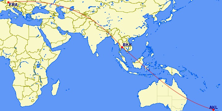 Flugstrecke Frankfurt - Bangkok - Auckland