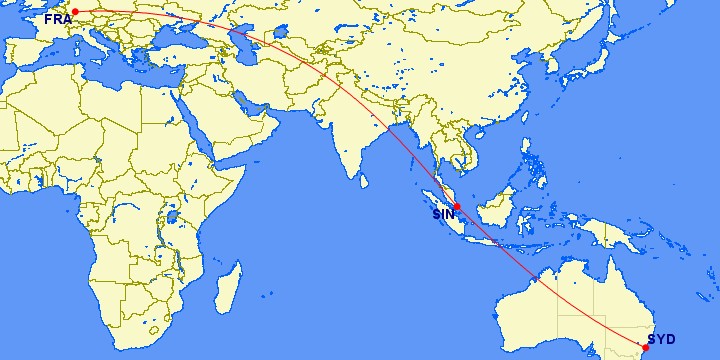 Flugstrecke Frankfurt - Singapore - Sydney