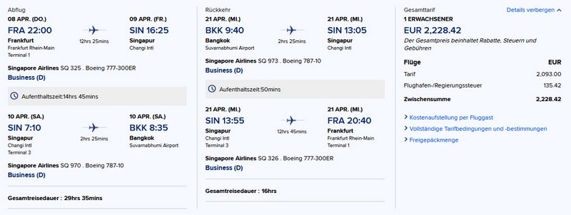 Preisbeispiel von Frankfurt nach Bangkok in der Singapore Airlines Business-Class