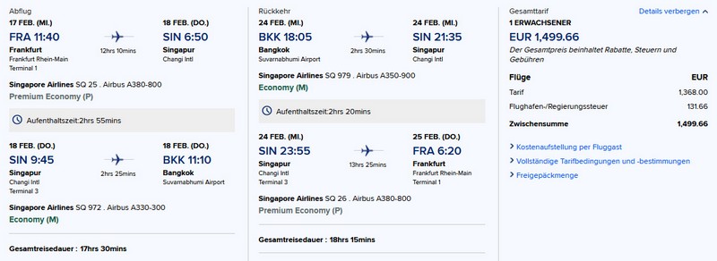 Preisbeispiel von Frankfurt nach Bangkok in der Singapore Airlines Premium-Economy-Class