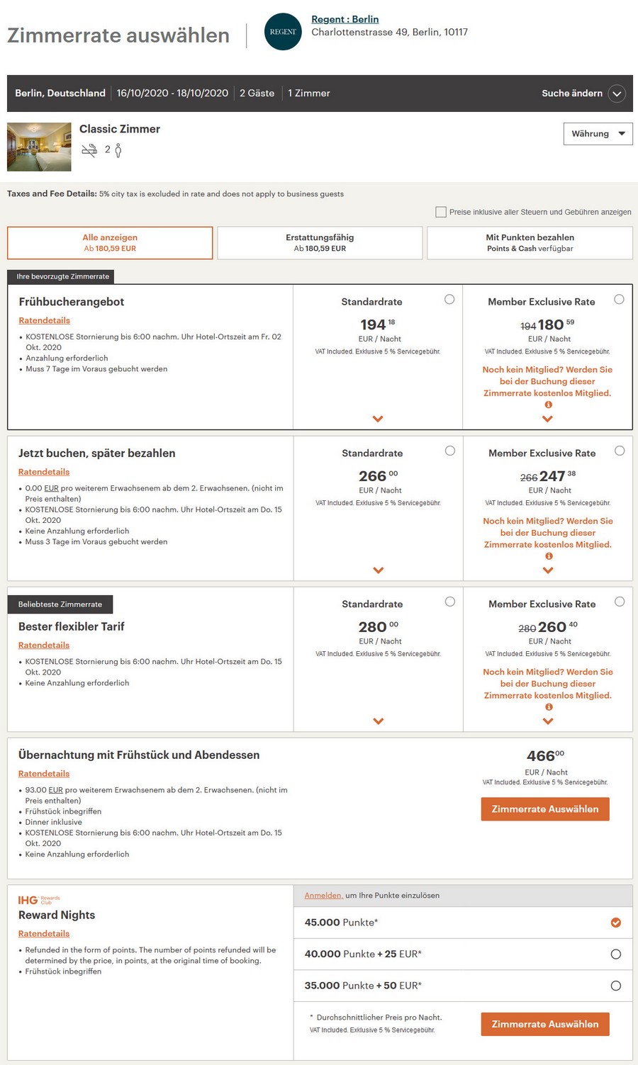 Verfügbarkeit des IHG Flash Sale für Buchungen bis 14.10.2020 im Regent Berlin