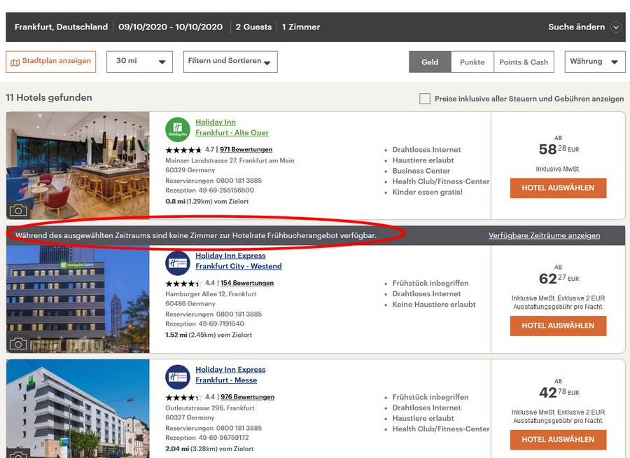 Anzeige der Verfügbarkeit der IHG Flash Sale Rate
