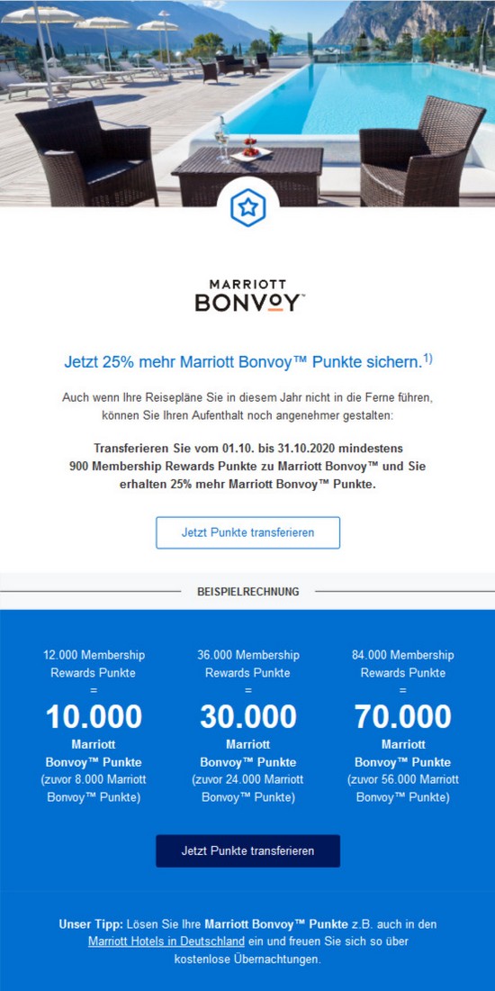 25% Bonus beim Transfer von Membership Rewards zu Marriott Bonvoy bis 31.10.2020