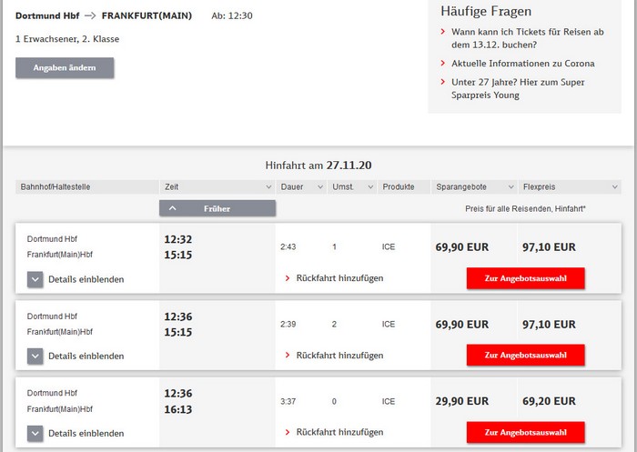 Preise für Bahnfahrt Dortmund - Frankfurt - 2. Klasse ohne BC 25