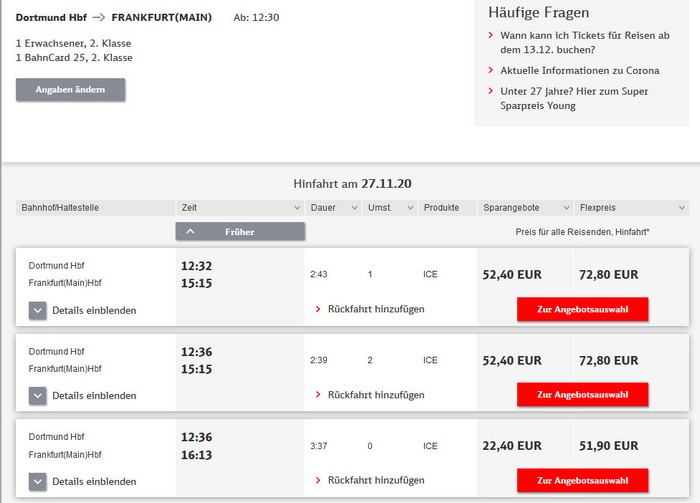 Preise für Bahnfahrt Dortmund - Frankfurt - 2. Klasse mit BC 25