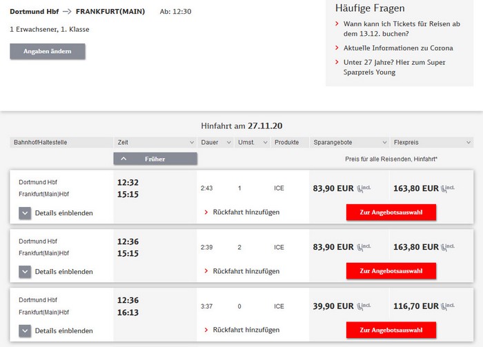 Preise für Bahnfahrt Dortmund - Frankfurt - 1. Klasse ohne BC 25