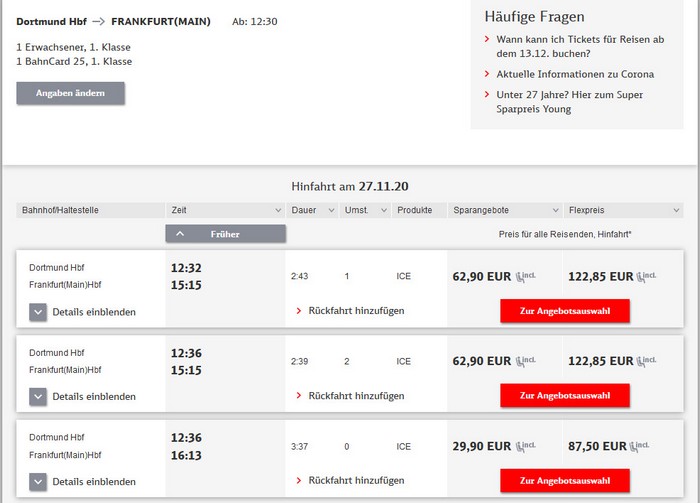 Preise für Bahnfahrt Dortmund - Frankfurt - 1. Klasse mit BC 25