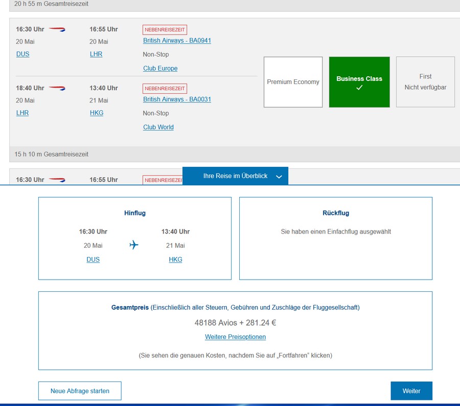 Preisbeispiel (Aviosbuchung) von Düsseldorf nach Hong Kong in der British Airways Airlines Business Class im Rahmen des Avios Sale