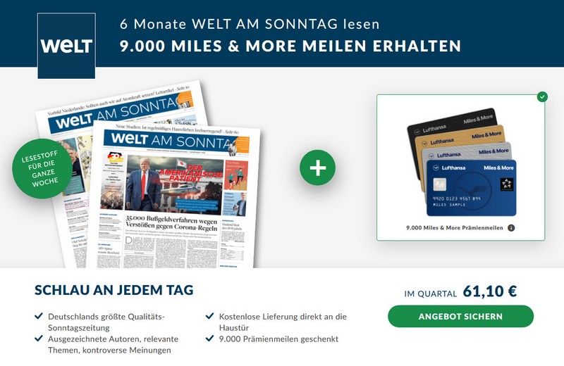 Welt am Sonntag Abo im Oktober 2020 mit 9000 Miles and More Meilen