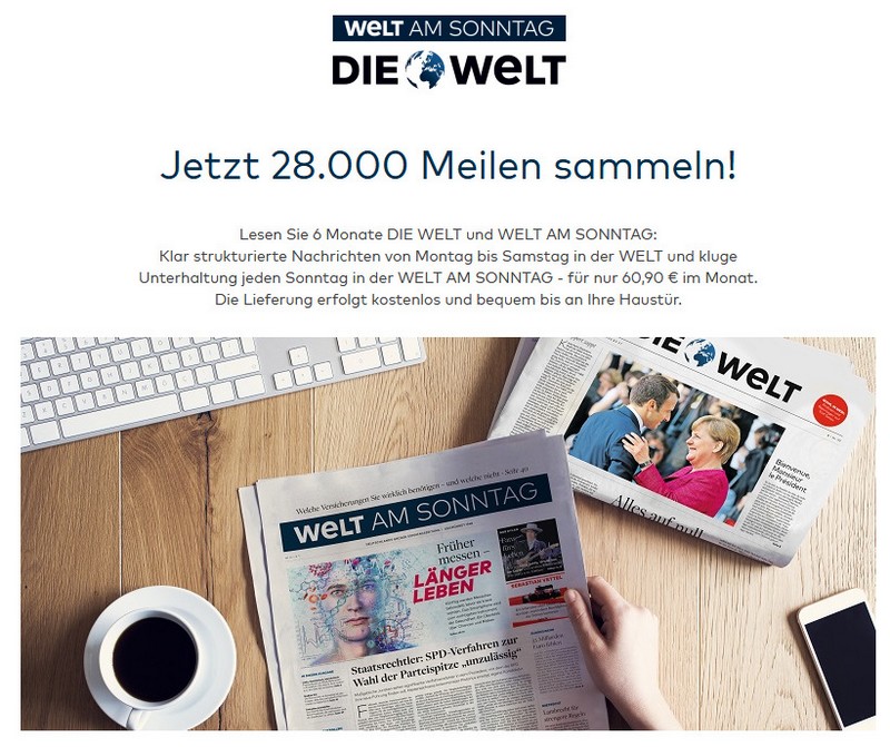 Welt Abo im Oktober 2020 mit 28.000 Miles and More Meilen