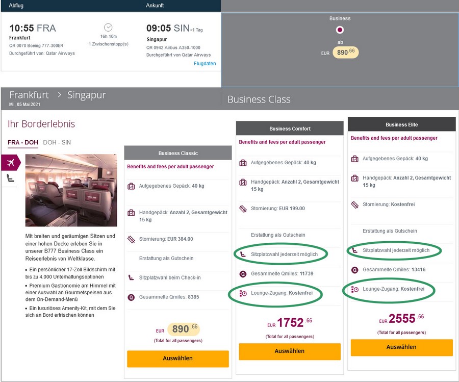 Änderungen bei den Qatar Airways Business-Class Tarifen