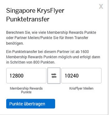 Punktetransfer American Express Membership Rewards zu Singapore Airlines KrisFlyer