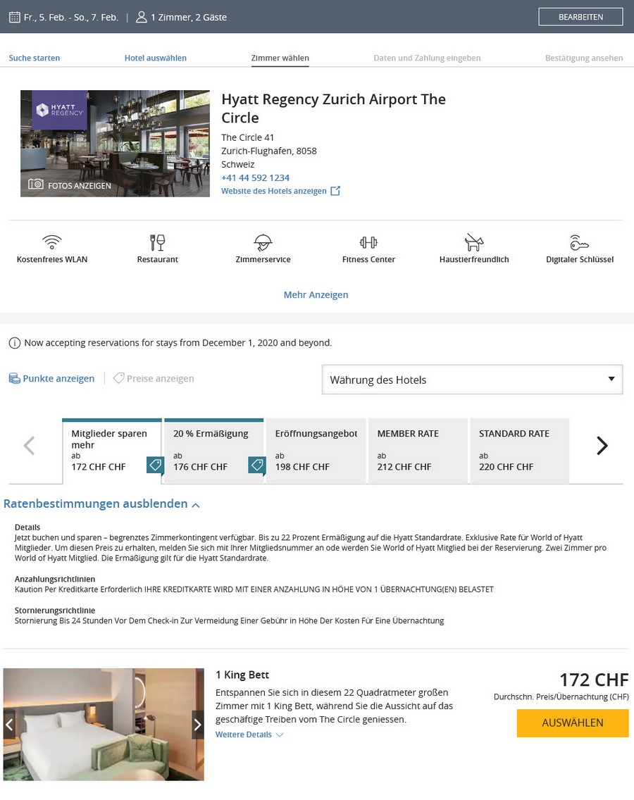 Preisbeispiel Hyatt Regency Zurich Airport