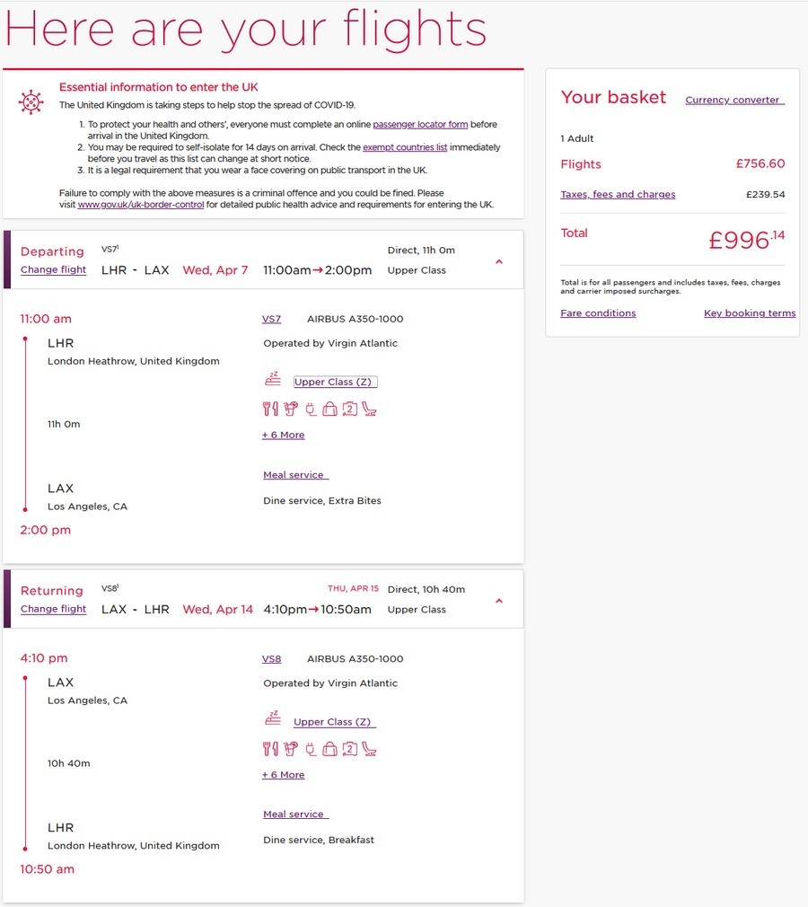 Preisbeispiel von London nach Los Angeles in der Virgin Atlantic Upper-Class