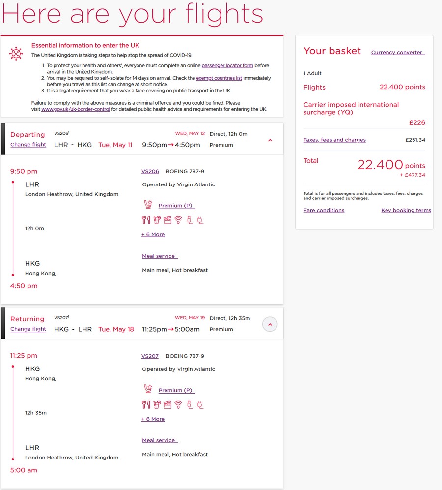 Preisbeispiel von London nach Hong Kong (Buchung mit Virgin Points) in der Virgin Atlantic Premium-Economy-Class