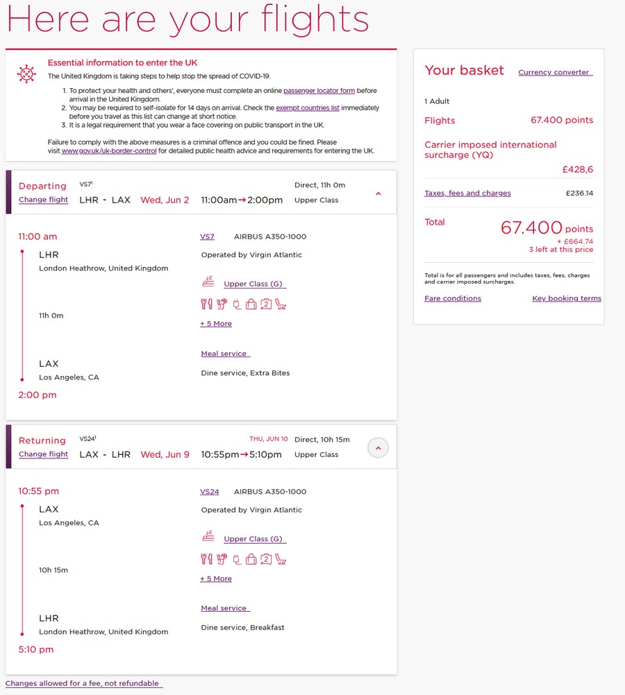 Preisbeispiel von London nach Los Angeles (Buchung mit Virgin Points) in der Virgin Atlantic Upper-Class