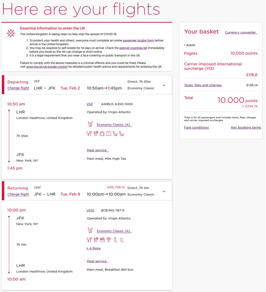 Preisbeispiel von London nach New York (Buchung mit Virgin Points) in der Virgin Atlantic Economy-Class