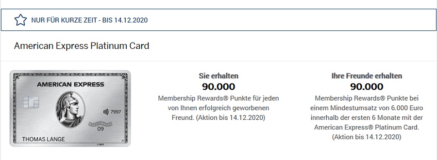 Freundschaftsaktion bis 14.12.2020 mit mit 90.000 Membership Rewards für die American Express Platinum