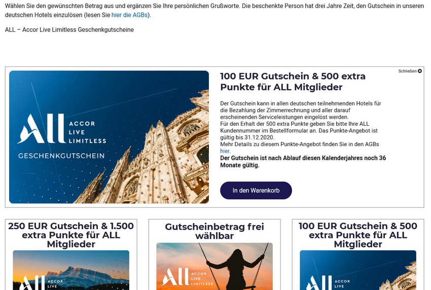 Ihr sammelt beim Erwerb eines Accor Geschenkgutscheines bis zu 1.500 ALL Bonuspunkte