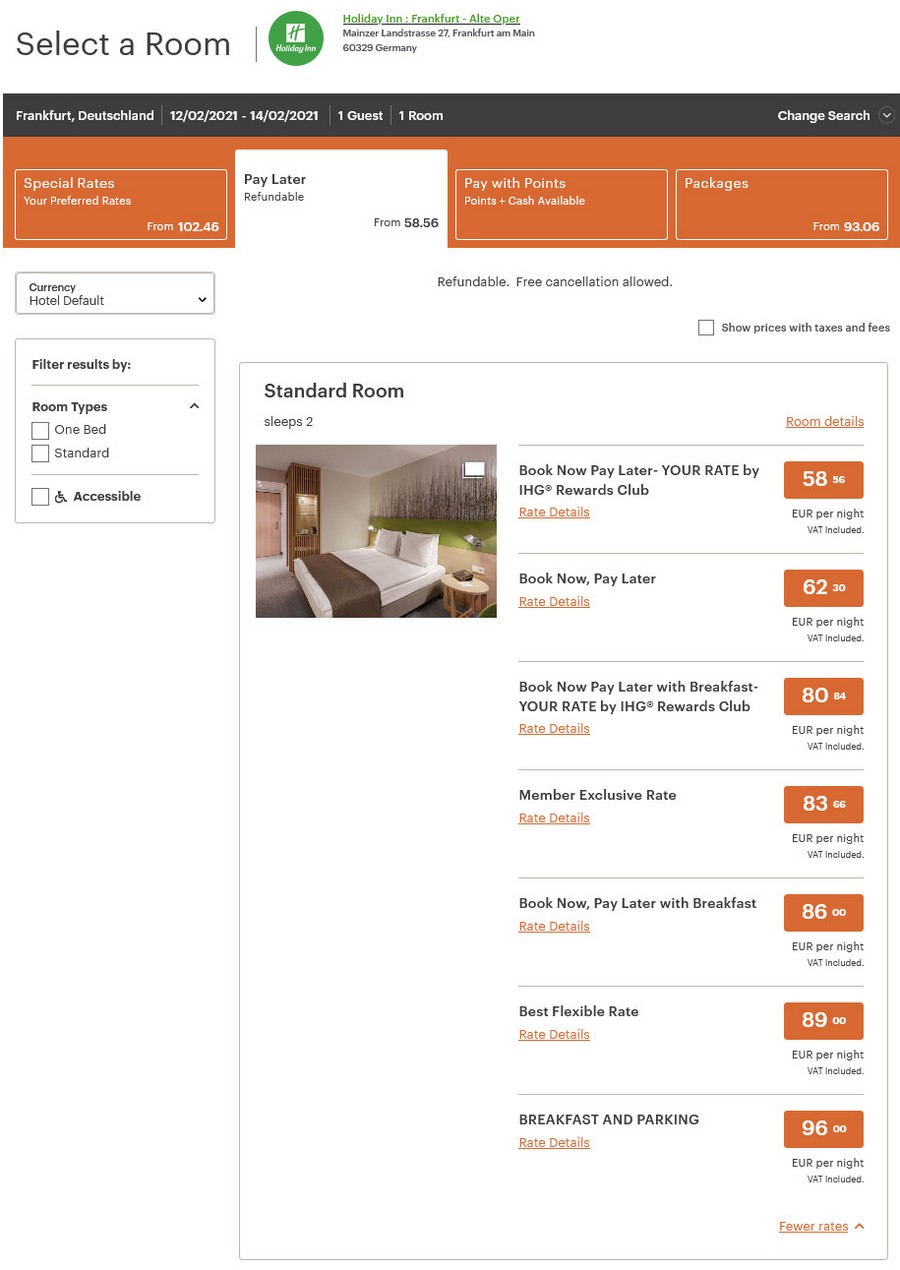Preisbeispiel der verfüv´gbaren Raten im Holiday Inn Frankfurt Alte Oper (Firefox Browser)