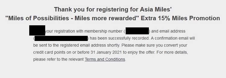 bestätigung des Bonus von 15% Bonus beim Transfer von American Express Membership Rewards zu Cathay Pacific Asia Miles bis 31.01.2021