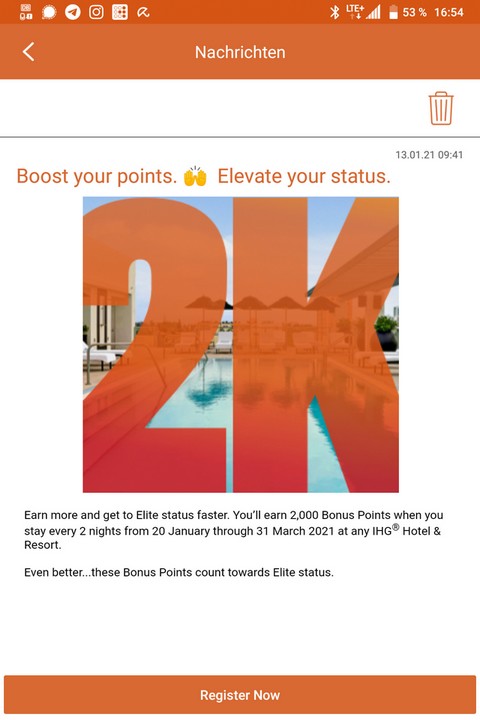 2.000 Rewards Club Punkte für jede zweite Nacht bis 31.03.2021 auch in der IHG APP