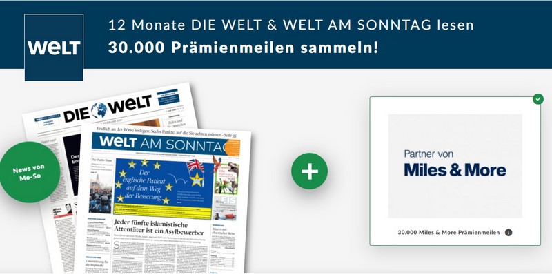 Im Februar 2021 gibt es mit einem Welt Kombi Abo bis zu 30.000 Miles and More Meilen bis 19.02.2021