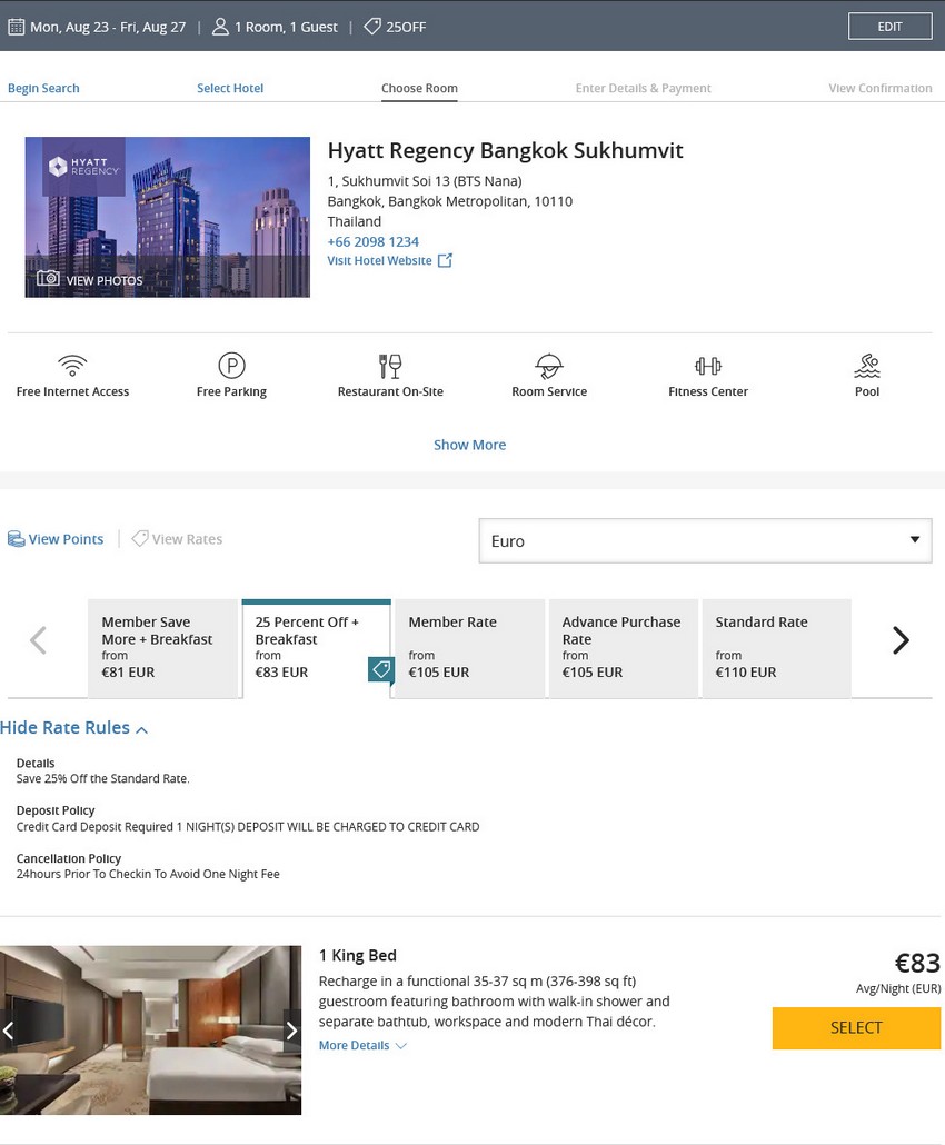 Preisbeispiel des Hyatt Angebot für Buchungen bis 02.04.2021 im Hyatt Regency Bangkok Sukhumvit