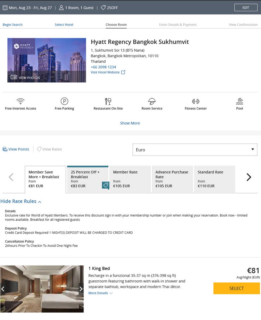 Preisbeispiel des Hyatt Angebot für Buchungen bis 02.04.2021 im Hyatt Regency Bangkok Sukhumvit