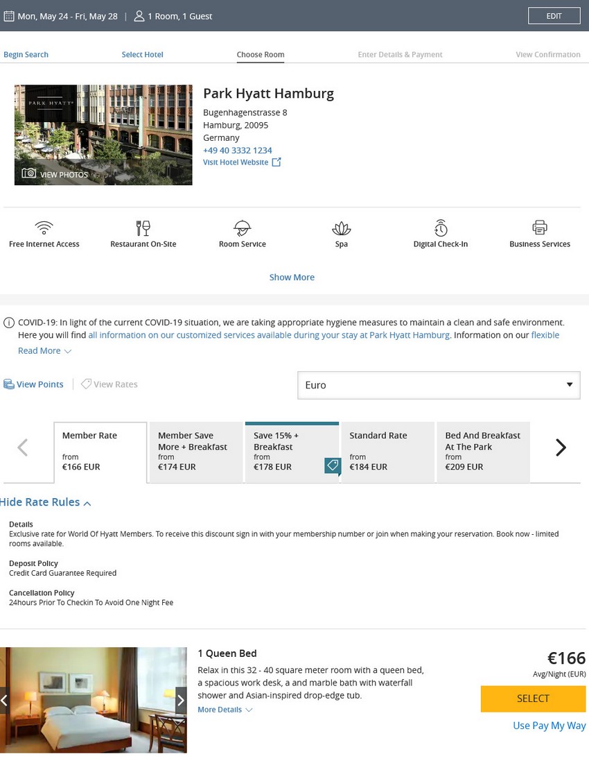 Preisbeispiel des Hyatt Angebot für Buchungen bis 02.04.2021 im Park Hyatt Hamburg
