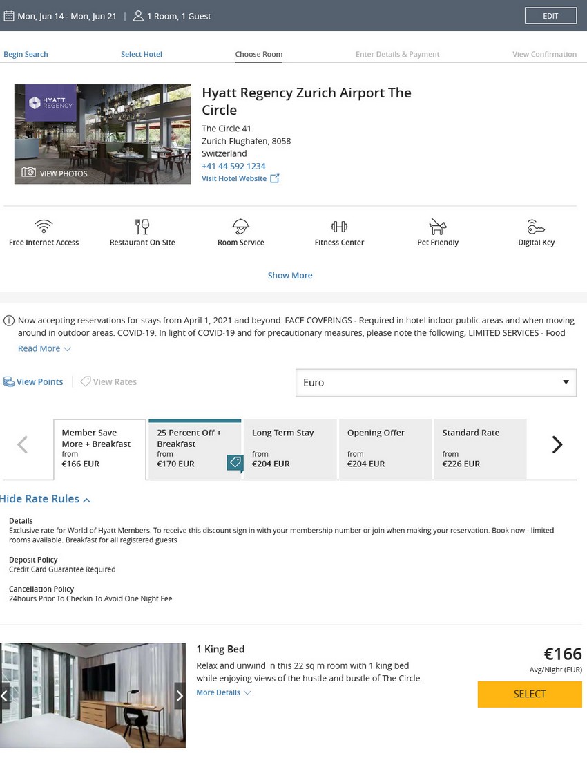 Preisbeispiel des Hyatt Angebotes für Buchungen bis 02.04.2021 im Hyatt Regency Zürich