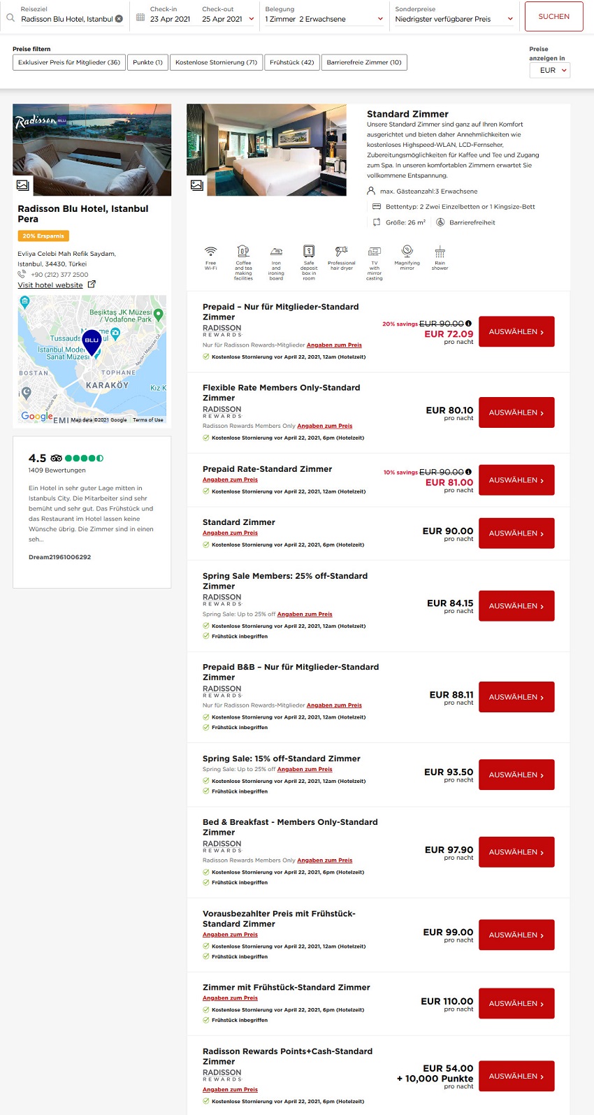 Preisbeispiel Radisson Blu Istanbul- Vergleich aller Raten