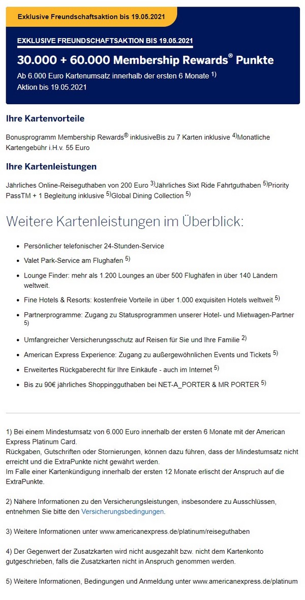 American Express Platinum Aktion mit 90.000 Membership Rewards bis 19.05.2021 für Werber und Geworbenen